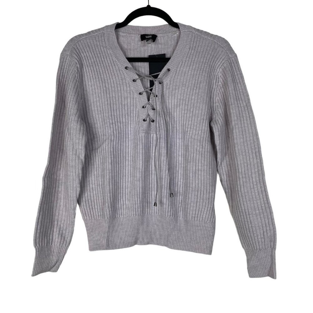 NEW LINE Gray/ Purple Lace Up Front Merino Wool Ribbed Sweater